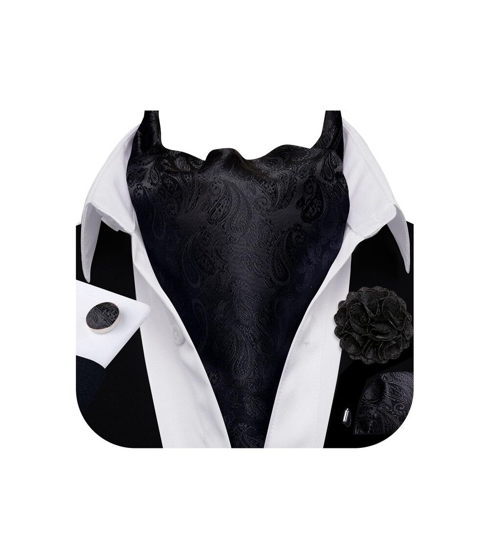 8520 Ascot Tie Cravat Paisley Black Scarf Self Ties Pocket Square Cufflinks